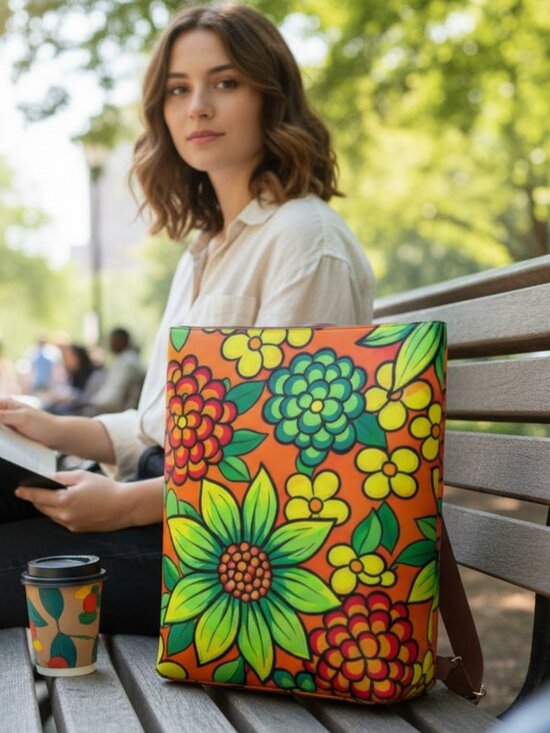 Retro Floral Vegan Leather Backpack | Boho Orange Print Travel Bag | Colorful Sc main image 6